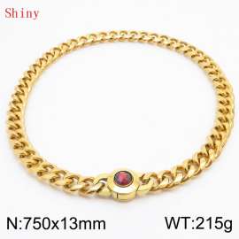 Fashionable and personalized stainless steel 750 × 13mm Cuban Chain Polished Round Buckle Inlaid with Red Glass Diamond Charm Gold  Necklace