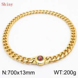 Fashionable and personalized stainless steel 700 × 13mm Cuban Chain Polished Round Buckle Inlaid with Red Glass Diamond Charm Gold  Necklace