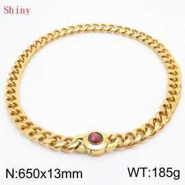 Fashionable and personalized stainless steel 650 × 13mm Cuban Chain Polished Round Buckle Inlaid with Red Glass Diamond Charm Gold  Necklace