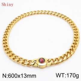 Fashionable and personalized stainless steel 600 × 13mm Cuban Chain Polished Round Buckle Inlaid with Red Glass Diamond Charm Gold  Necklace