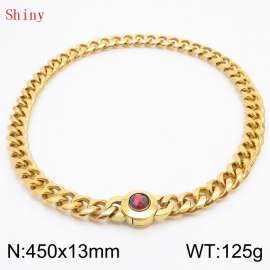 Fashionable and personalized stainless steel 450 × 13mm Cuban Chain Polished Round Buckle Inlaid with Red Glass Diamond Charm Gold  Necklace