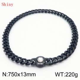 Fashionable and personalized stainless steel 750 × 13mm Cuban Chain Polished Round Buckle Inlaid with white Glass Diamond Charm Black Necklace