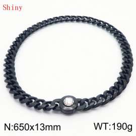 Fashionable and personalized stainless steel 650 × 13mm Cuban Chain Polished Round Buckle Inlaid with white Glass Diamond Charm Black Necklace