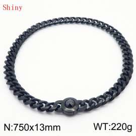 Fashionable and personalized stainless steel 750 × 13mm Cuban Chain Polished Round Buckle Inlaid with Black Glass Diamond Charm Black Necklace