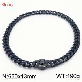 Fashionable and personalized stainless steel 650 × 13mm Cuban Chain Polished Round Buckle Inlaid with Black Glass Diamond Charm Black Necklace