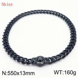 Fashionable and personalized stainless steel 550 × 13mm Cuban Chain Polished Round Buckle Inlaid with Black Glass Diamond Charm Black Necklace