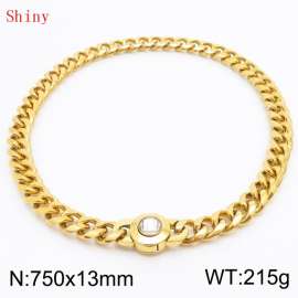 Fashionable and personalized stainless steel 750 × 13mm Cuban Chain Polished Round Buckle Inlaid with white Glass Diamond Charm Gold  Necklace