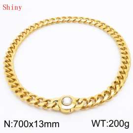 Fashionable and personalized stainless steel 700 × 13mm Cuban Chain Polished Round Buckle Inlaid with white Glass Diamond Charm Gold  Necklace