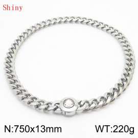 Fashionable and personalized stainless steel 750 × 13mm Cuban Chain Polished Round Buckle Inlaid with white Glass Diamond Charm Silver Necklace