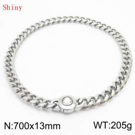 Fashionable and personalized stainless steel 700 × 13mm Cuban Chain Polished Round Buckle Inlaid with white Glass Diamond Charm Silver Necklace