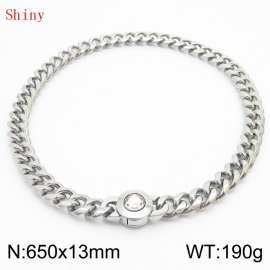 Fashionable and personalized stainless steel 650 × 13mm Cuban Chain Polished Round Buckle Inlaid with white Glass Diamond Charm Silver Necklace