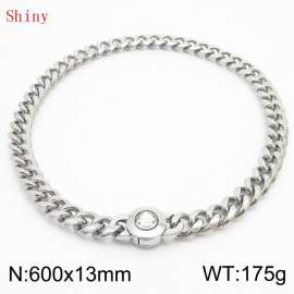 Fashionable and personalized stainless steel 600 × 13mm Cuban Chain Polished Round Buckle Inlaid with white Glass Diamond Charm Silver Necklace