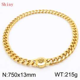 Fashionable and personalized stainless steel 750 × 13mm Cuban Chain Polished Round Buckle Inlaid Skull Head Charm Gold Necklace