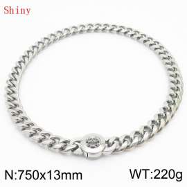 Fashionable and personalized stainless steel 750 × 13mm Cuban Chain Polished Round Buckle Inlaid Skull Head Charm Silver Necklace