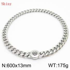 Fashionable and personalized stainless steel 600 × 13mm Cuban Chain Polished Round Buckle Inlaid Skull Head Charm Silver Necklace