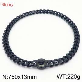 Fashionable and personalized stainless steel 750 × 13mm Cuban Chain Polished Round Buckle Inlaid Skull Head Charm Black Necklace