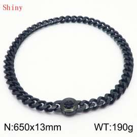 Fashionable and personalized stainless steel 650 × 13mm Cuban Chain Polished Round Buckle Inlaid Skull Head Charm Black Necklace