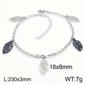 European and American fashion stainless steel 200 × 3mm O-shaped Chain Hanging 2 Color Hollow Leaf Pendant Charm Silver  Bracelet