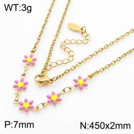Fashion stainless steel 450 × 2mm pink double-sided adhesive drop small daisy petal splicing O-shaped chain for women's charm gold necklace