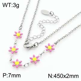 Fashion stainless steel 450 × 2mm pink double-sided adhesive drop small daisy petal splicing O-shaped chain for women's charm silver necklace