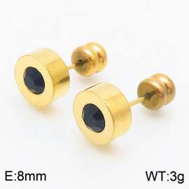 Women Gold-Plated Stainless Steel&Black Zircon Round Earrings with Smooth Round Post
