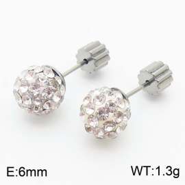 6mm spherical inlaid transparent rhinestone stainless steel fashionable and charming women's silver earrings