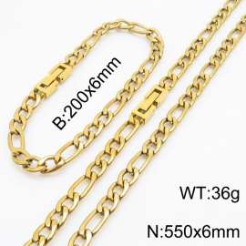 Gold Color Figaro Chain Jewelry Set Stainless Steel 55cm Necklace 20cm Bracelets For Men