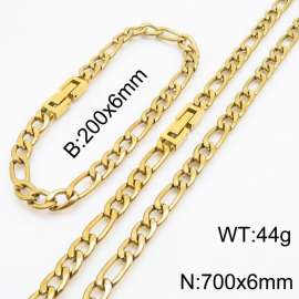 Gold Color Figaro Chain Jewelry Set Stainless Steel 70cm Necklace 20cm Bracelets For Men