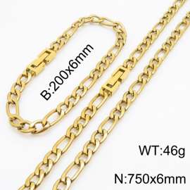 Gold Color Figaro Chain Jewelry Set Stainless Steel 75cm Necklace 20cm Bracelets For Men