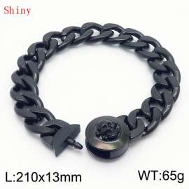 210mm Black-Plated Stainless Steel Skull Charm Cuban Chain Bracelet