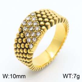 Personalized stainless steel cast electroplated gold ring with round bead surface and rhinestones