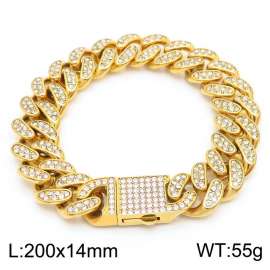 Hip Hop Style Full Diamond Vacuum Electroplated Gold 14mm Cuban Chain Titanium Steel Men's Bracelet