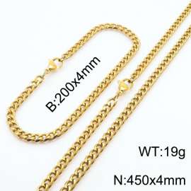 Wholesale Simple Jewelry Set 4mm Wide Cuban Chain 18k Gold Plated Stainless Steel Bracelet Necklace