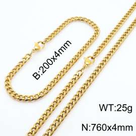 Wholesale Simple Jewelry Set 4mm Wide Cuban Chain 18k Gold Plated Stainless Steel Bracelet Necklace