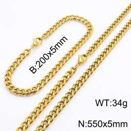Wholesale Simple Jewelry Set 5mm Wide Cuban Chain 18k Gold Plated Stainless Steel Bracelet Necklace