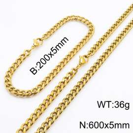 Wholesale Simple Jewelry Set 5mm Wide Cuban Chain 18k Gold Plated Stainless Steel Bracelet Necklace