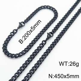 Wholesale Simple Jewelry Set 5mm Wide Cuban Chain 18k Black Plated Stainless Steel Bracelet Necklace