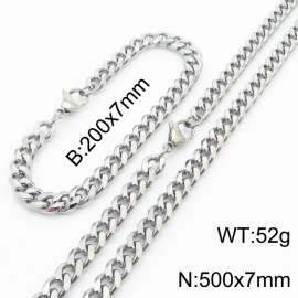 7mm Fashionable and minimalist stainless steel Cuban chain bracelet necklace jewelry set in silver