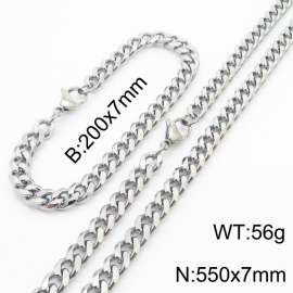 7mm Fashionable and minimalist stainless steel Cuban chain bracelet necklace jewelry set in silver