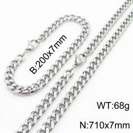 7mm Fashionable and minimalist stainless steel Cuban chain bracelet necklace jewelry set in silver