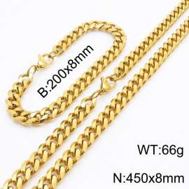 8mm Stylish and minimalist stainless steel gold Cuban chain bracelet necklace jewelry set