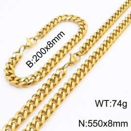 8mm Stylish and minimalist stainless steel gold Cuban chain bracelet necklace jewelry set