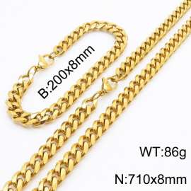 8mm Stylish and minimalist stainless steel gold Cuban chain bracelet necklace jewelry set
