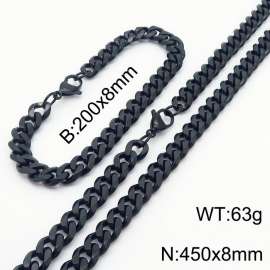 8mm Stylish and minimalist stainless steel black Cuban chain bracelet necklace jewelry set