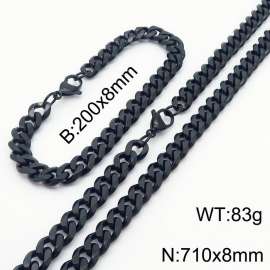 8mm Stylish and minimalist stainless steel black Cuban chain bracelet necklace jewelry set