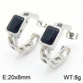 Stainless Steel Black Stone Charm Earrings Silver Color