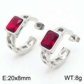 Stainless Steel Red Stone Charm Earrings Silver Color