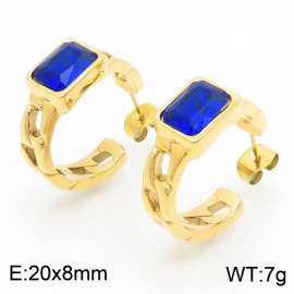 Fashion Gold-plated Stainless Steel Link Chain Stud Earrings Square Blue Crystal Zircon Openable Earrings
