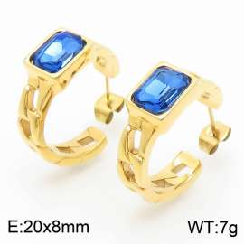 Fashion Gold-plated Stainless Steel Link Chain Stud Earrings Square Blue Crystal Zircon Openable Earrings
