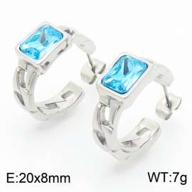 French Stainless Steel Link Chain Stud Earrings Square Blue Crystal Zircon Openable Earrings